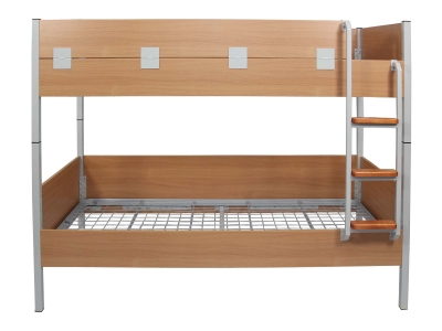 Holz-Etagen-Bett inkl. Leiter+Absturzblende, Buche, Metall-Vierkantrohr-Gestell in grau mit Stahl-Gitterboden