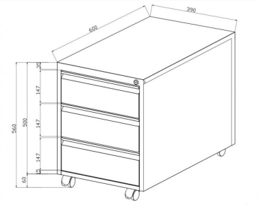 Stahl-Rollcontainer, 3 Schub, lichtgrau, 56 x 40 x 60 cm (HxBxT), TÜV/GS geprüft